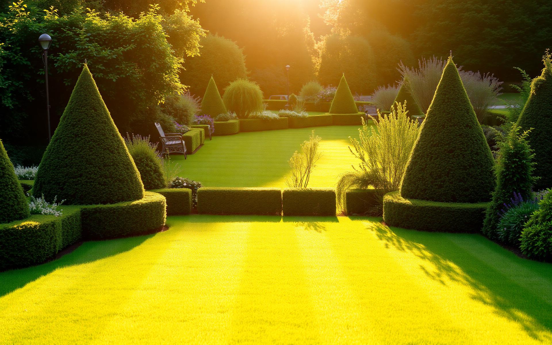 Beautifully manicured English garden at golden hour